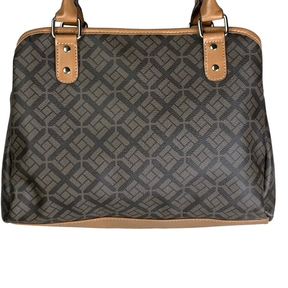 Big Buddha 2 Tone Brown Logo Pattern 3 Large Compartment Top Zip Satchel Handbag - Picture 5 of 16